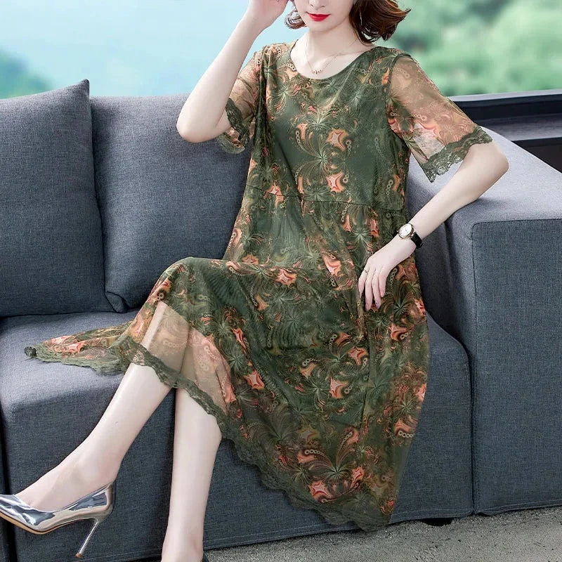 6xl Grote Maat Zomerjurken Nieuwe Bloemenprint Korte Mouw Dames Chiffon Jurk Middelbare Leeftijd Moeder Gaas Lange Midi Vestidos
